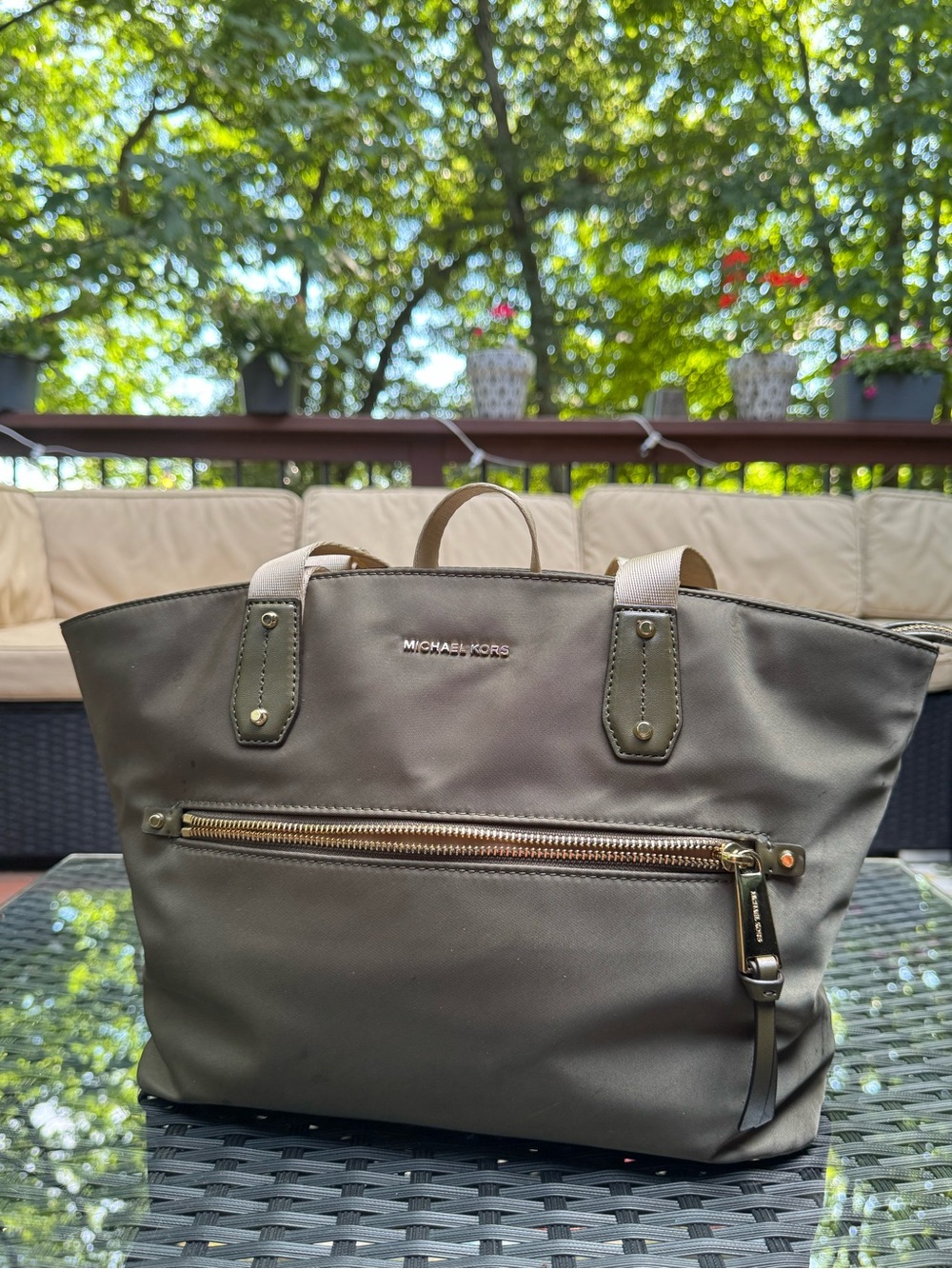 Michael Kors Nylon Tote Bag Olive Green Large Shoulder Bag